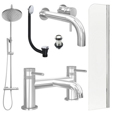 FNX Bathrooms Chrome Wall Mounted Basin Mixer TapBath Filler And Rigid Shower With Unslotted Basin And Bath Waste And Radius Bath Screen from B&Q