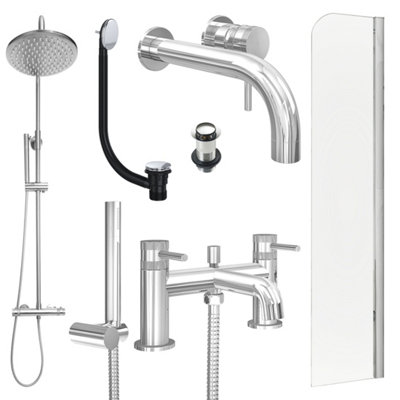 FNX Bathrooms Chrome Wall Mounted Basin Mixer TapBath Shower Mixer And Rigid Shower With Unslotted Basin And Bath Waste And Radius Bath Screen from B&Q