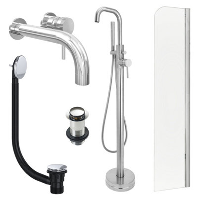 FNX Bathrooms Chrome Wall Mounted Basin Mixer TapFreestanding Bath Shower Mixer And Unslotted Basin And Bath Waste And Radius Bath Screen from B&Q