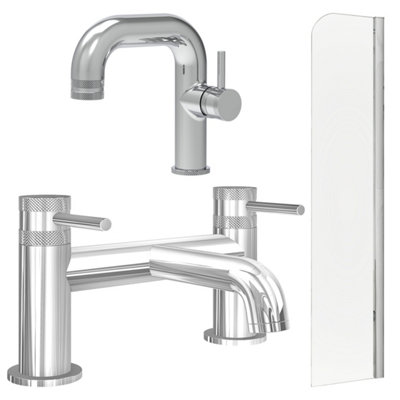 FNX Bathrooms Chrome Side Lever Basin Mixer Tap With Bath Filler And Radius Bath Screen from B&Q