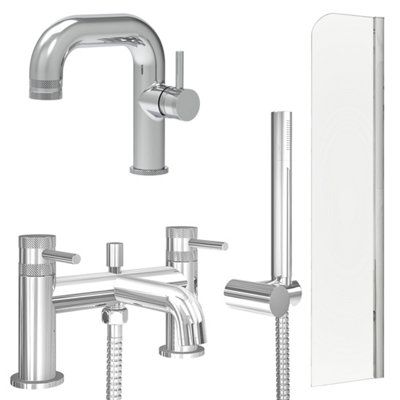 FNX Bathrooms Chrome Side Lever Basin Mixer TapBath Shower Mixer And Radius Bath Screen from B&Q