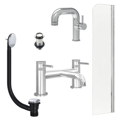 FNX Bathrooms Chrome Side Lever Basin Mixer TapBath Filler With Unslotted Basin And Bath Waste And Radius Bath Screen from B&Q