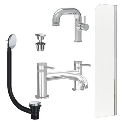 FNX Bathrooms Chrome Side Lever Basin Mixer TapBath Filler With Universal Basin And Bath Waste And Radius Bath Screen from B&Q