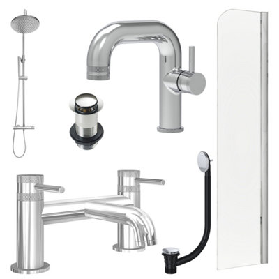 FNX Bathrooms Chrome Side Lever Basin Mixer TapBath Filler And Rigid Shower With Unslotted Basin And Bath Waste And Radius Bath Screen from B&Q