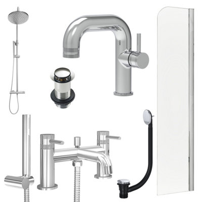 FNX Bathrooms Chrome Side Lever Basin Mixer TapBath Shower Mixer And Rigid Shower With Unslotted Basin And Bath Waste And Radius Bath Screen from B&Q