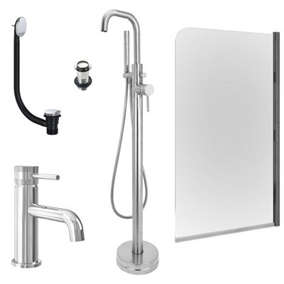 FNX Bathrooms Chrome Basin Mixer And Freestanding Bath Shower Mixer And Unslotted Basin And Bath Waste And Edge Bath Screen from B&Q