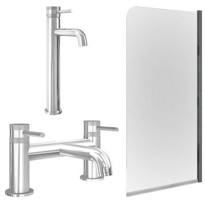 FNX Bathrooms Chrome Tall Basin Mixer Tap With Bath Filler And Edge Bath Screen from B&Q