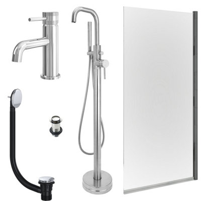 FNX Bathrooms Chrome Basin Mixer And Freestanding Bath Shower Mixer And Unslotted Basin And Bath Waste And Edge Bath Screen from B&Q