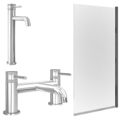 FNX Bathrooms Chrome Tall Basin Mixer Tap With Bath Filler And Edge Bath Screen from B&Q