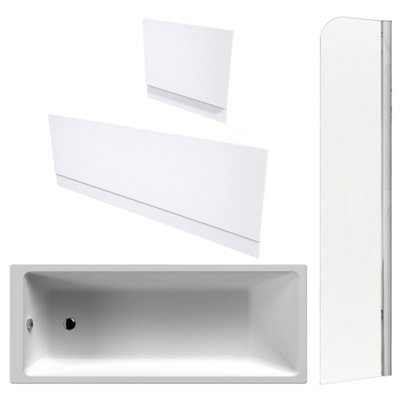 FNX Bathrooms Single Ended Bath, Gloss White Panels & Chrome Profile Bath Screen