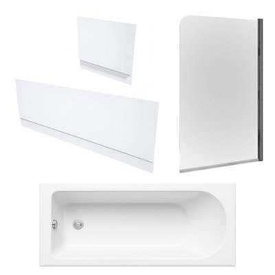 FNX Bathrooms Single Ended Bath, Gloss White Panels & Chrome Profile Bath Screen