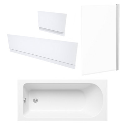 FNX Bathrooms Single Ended Bath, Gloss White Panels & Chrome Profile Bath Screen