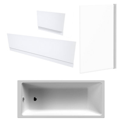 FNX Bathrooms Single Ended Bath, Gloss White Panels & Chrome Profile Bath Screen