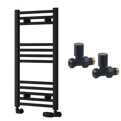 FNX Bathrooms Reina Capo Flat Black Bathroom Heated Towel Rail 800 X 400mm With Manual Straight ValvesStylish Mild Steel Ladder Radiator from B&Q
