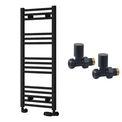 FNX Bathrooms Reina Capo Flat Black Bathroom Heated Towel Rail 1000 X 400mm With Manual Straight Valves - Stylish Mild Steel Ladder Radiator