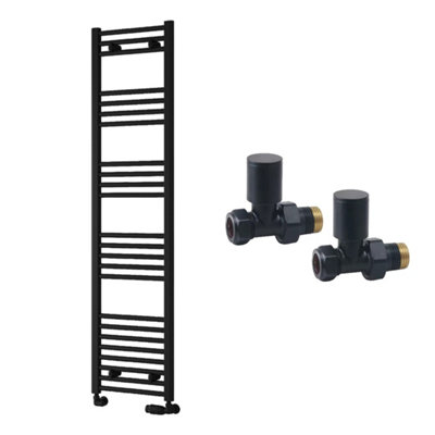FNX Bathrooms Reina Capo Flat Black Bathroom Heated Towel Rail 1600 X 400mm With Manual Straight Valves - Stylish Mild Steel Ladder Radiator