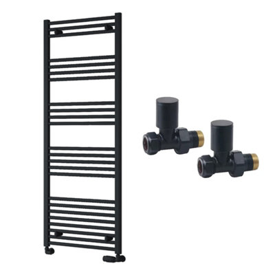 FNX Bathrooms Reina Capo Flat Black Bathroom Heated Towel Rail 1600 X 600mm With Manual Straight Valves - Stylish Mild Steel Ladder Radiator