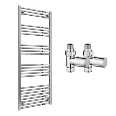 FNX Bathrooms Reina Capo Flat Chrome Bathroom Heated Towel Rail 1800 X 600mm With Manual Straight Valves - Stylish Mild Steel Ladder Radiator
