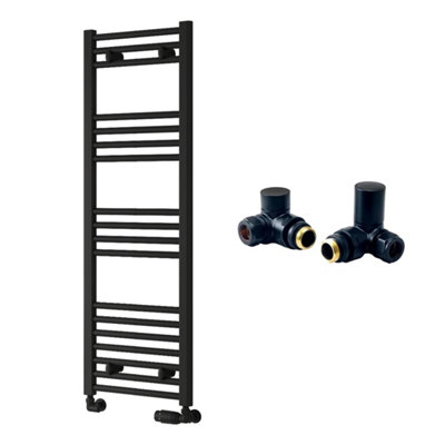 FNX Bathrooms Reina Capo Flat Black Bathroom Heated Towel Rail 1200 X 400mm With Manual Corner ValvesStylish Mild Steel Ladder Radiator from B&Q