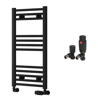 FNX Bathrooms Reina Capo Flat Black Bathroom Heated Towel Rail 800 X 400mm With Trv Angled ValvesStylish Mild Steel Ladder Radiator from B&Q