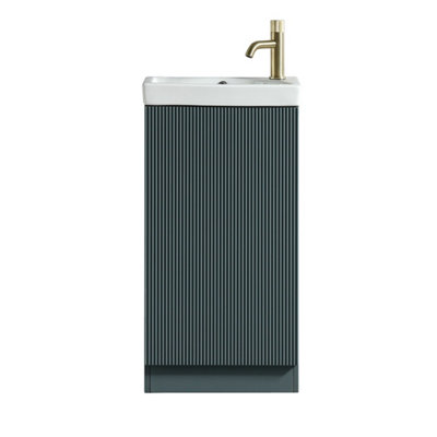 FNX Bathrooms Fluted Mini Cloakroom Vanity Unit With Basin Floor Standing Soft Close Door Integrated StorageSmoked Sage from B&Q