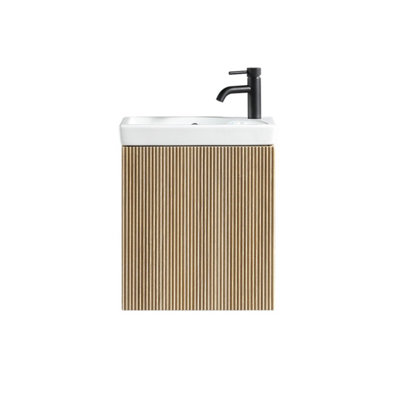 FNX Bathrooms Fluted Mini Cloakroom Vanity Unit With Basin Wall Hung Soft Close Door Integrated StorageCountry Oak from B&Q