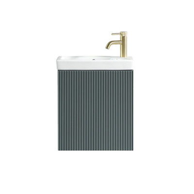 FNX Bathrooms Fluted Mini Cloakroom Vanity Unit With Basin Wall Hung Soft Close Door Integrated StorageSmoked Sage from B&Q