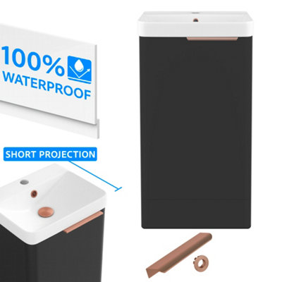 FNX Bathrooms Bathroom Cloakroom Vanity Unit Compact Basin Sink Black 400mm Soft Close CabinetBrushed Copper Handle from B&Q