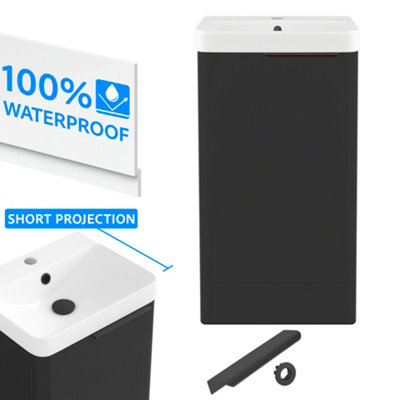 FNX Bathrooms Bathroom Cloakroom Vanity Unit Compact Basin Sink Black 400mm Soft Close CabinetMatte Black Handle from B&Q