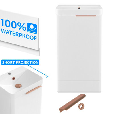 FNX Bathrooms Bathroom Cloakroom Vanity Unit Compact Basin Sink White 400mm Soft Close CabinetBrushed Copper Handle from B&Q