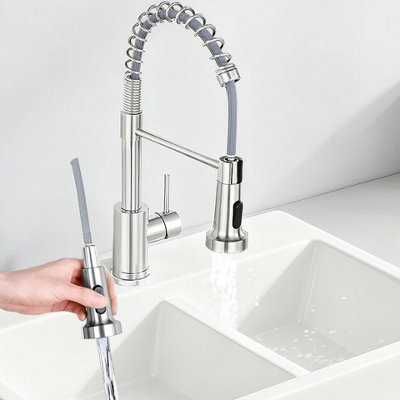  - Monobloc Silver Kitchen Sink Mixer Taps With Pull Out Hose Spray Single Lever Tap