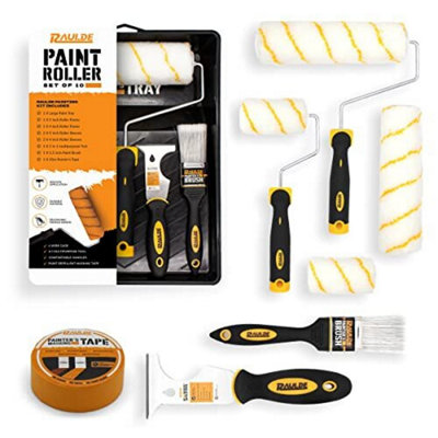 B&Q 10 Pieces Paint Roller Set - Includes A Paint Tray, Brush, Large And Mini Rollers & Sleeves, Paint Repellent Masking Tape, Multipu