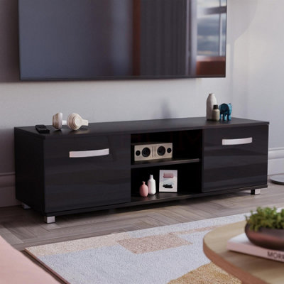  - 120 Cm Black Tv Unit Cabinet Stand With Led Modern Mdf Entertainment Furniture Matte Gloss