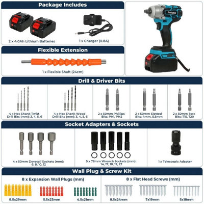 21V Brushless Impact Wrench 1/2 Inch Rattle Gun 2X 4.0Ah Battery Kit from B&Q