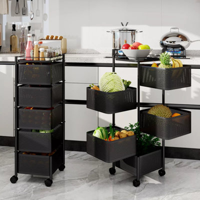 5-Tier Square Trolley Basket Rack Kitchen Storage & Vegetable Cart With Wheels