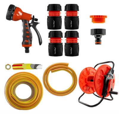 AP Supplies Garden Hose Reel Cart Set With 10M Premium Hose8-Pattern Spray GunTap And Hose ConnectorsReel 2 Kit (50 Meter Hose) from B&Q
