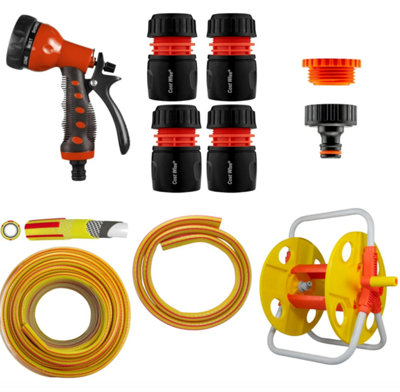 AP Supplies Kit 14 Garden Hose Reel Cart Set With 15M Premium Hose8-Pattern Spray GunTap And Hose Connectors from B&Q