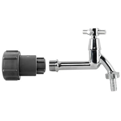 AP Supplies Ibc Adaptor 2 S60X6 To 1/2 Bsp With Extended Brass Chrome Tap & 1/2 Hose Barb from B&Q