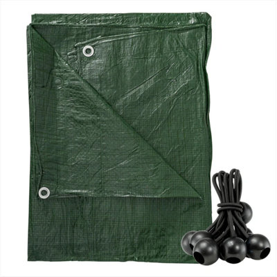 AP Supplies 1.5M X 6M Green S-Grade Tarpaulin With 10 X 4" Bungee Balls (Black) from B&Q