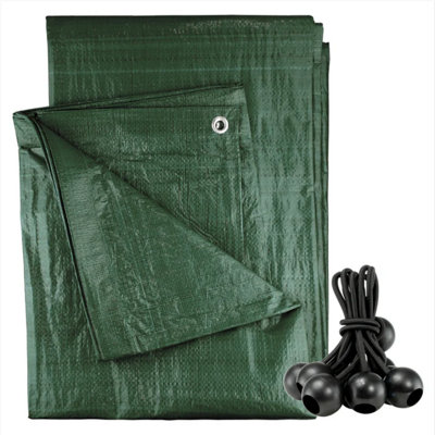 AP Supplies 6M X 10M Green M-Grade Tarpaulin With 10 X 4" Bungee Balls (Black) from B&Q