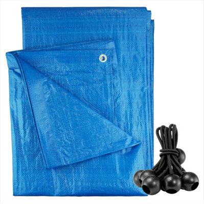AP Supplies 1.5M X 6M Blue S-Grade Tarpaulin With 10 X 6" Bungee Balls (Black) from B&Q