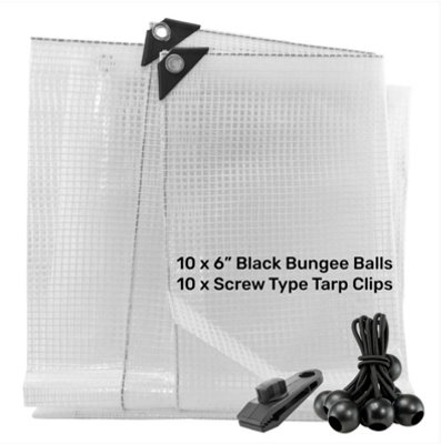 B&Q -  1M X 1M Clear M-Grade Tarpaulin With 10 X 6" Bungee Balls (Black) And 10 X Screw Type Tarp Clips