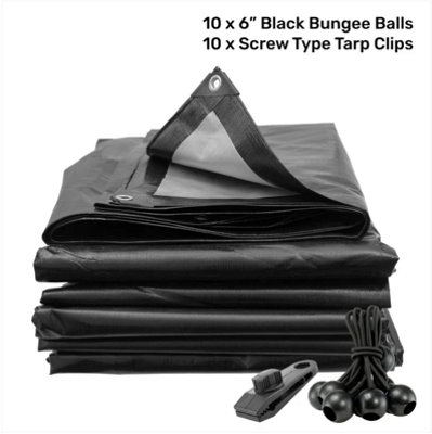 B&Q -  1M X 1M Black/silver L-Grade Tarpaulin With 10 X 6" Bungee Balls (Black) And 10 X Screw Type Tarp Clips