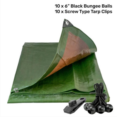B&Q -  1M X 1M Green/brown L-Grade Tarpaulin With 10 X 6" Bungee Balls (Black) And 10 X Screw Type Tarp Clips