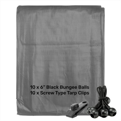B&Q -  1M X 1M Grey L-Grade Tarpaulin With 10 X 6" Bungee Balls (Black) And 10 X Screw Type Tarp Clips