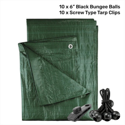 B&Q -  1M X 1M Green M-Grade Tarpaulin With 10 X 6" Bungee Balls (Black) And 10 X Screw Type Tarp Clips
