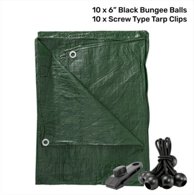 B&Q -  1M X 1M Green S-Grade Tarpaulin With 10 X 6" Bungee Balls (Black) And 10 X Screw Type Tarp Clips