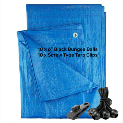 B&Q -  1M X 1M Blue S-Grade Tarpaulin With 10 X 6" Bungee Balls (Black) And 10 X Screw Type Tarp Clips