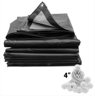 AP Supplies 8M X 10M Black/silver L-Grade Tarpaulin With 20 X 4" Bungee Balls (White) from B&Q