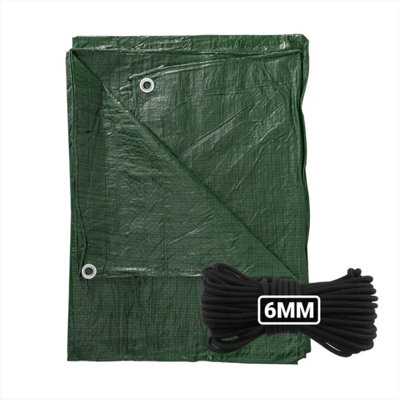 B&Q -  1M X 1M Green S-Grade Tarpaulin With 10 Meters X 6mm Bungee Rope